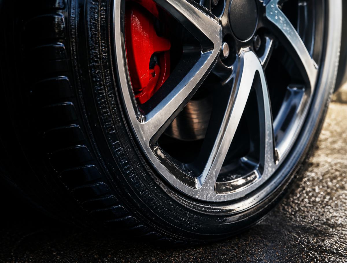 Close-up of a clean alloy wheel with fresh tire shine